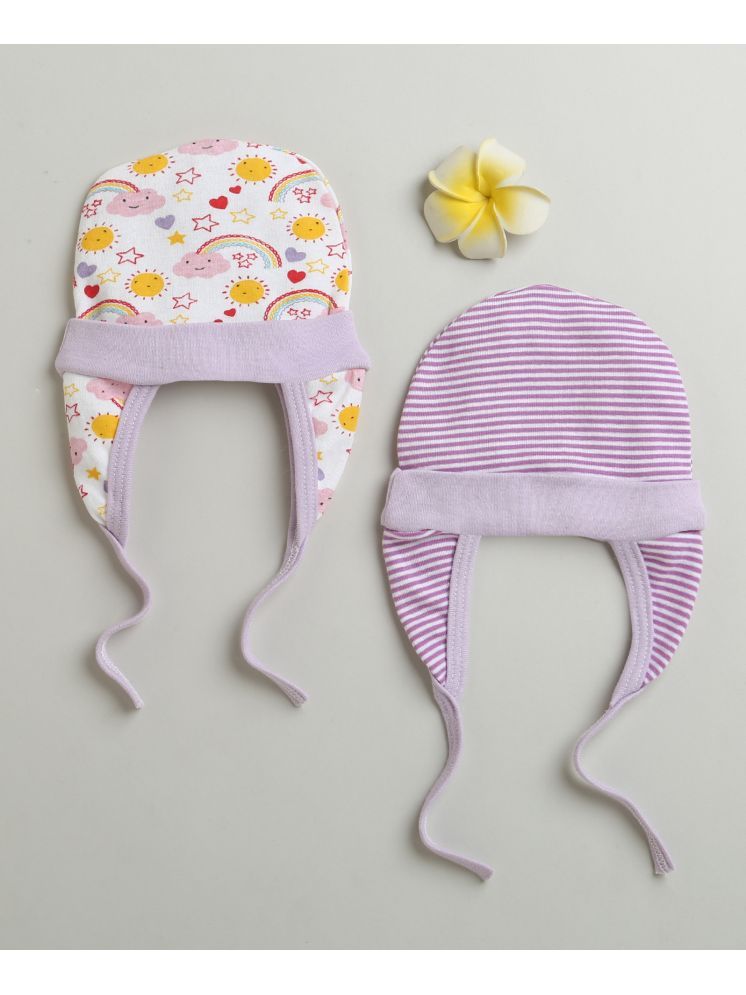     			BUMZEE White & Lavender Baby Girls Ear Flap Tying Cap Pack Of 2 Age - 0-3 Months