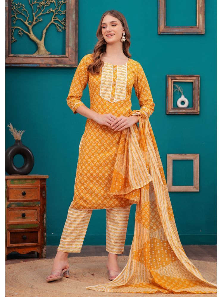     			Jyoti Cotton Printed Kurti With Pants Women's Stitched Salwar Suit - Yellow ( Pack of 1 )