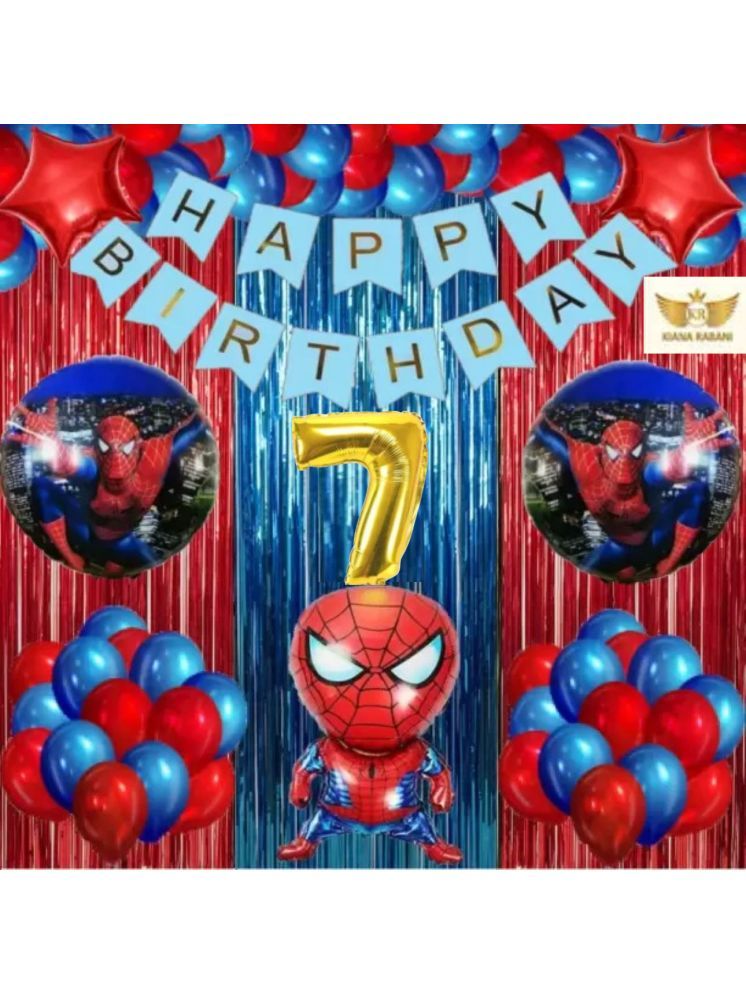     			KR 7TH HAPPY BIRTHDAY PARTY ( CELEBRATION ) DECORATION WITH HAPPY BIRTHDAY BLUE BANNER, 15 RED 15 BLUE BALLOON, 1 SPIDERMAN, 2 RUOND FOIL BALLOON, 2 STAR, 2 RED 1 BLUE CURTAIN 1 ARCH 7 NO GOLD FOIL BALLOON