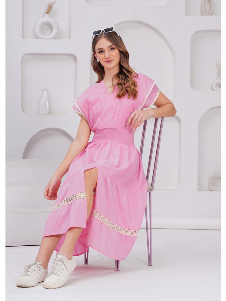     			HIGHLIGHT FASHION EXPORT Cotton Self Design Midi Women's Fit & Flare Dress - Pink ( Pack of 1 )