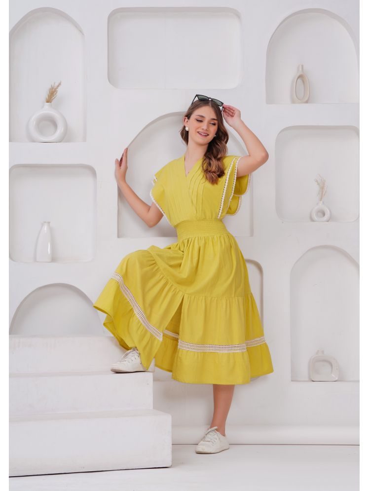     			JC4U Cotton Self Design Midi Women's Fit & Flare Dress - Yellow ( Pack of 1 )