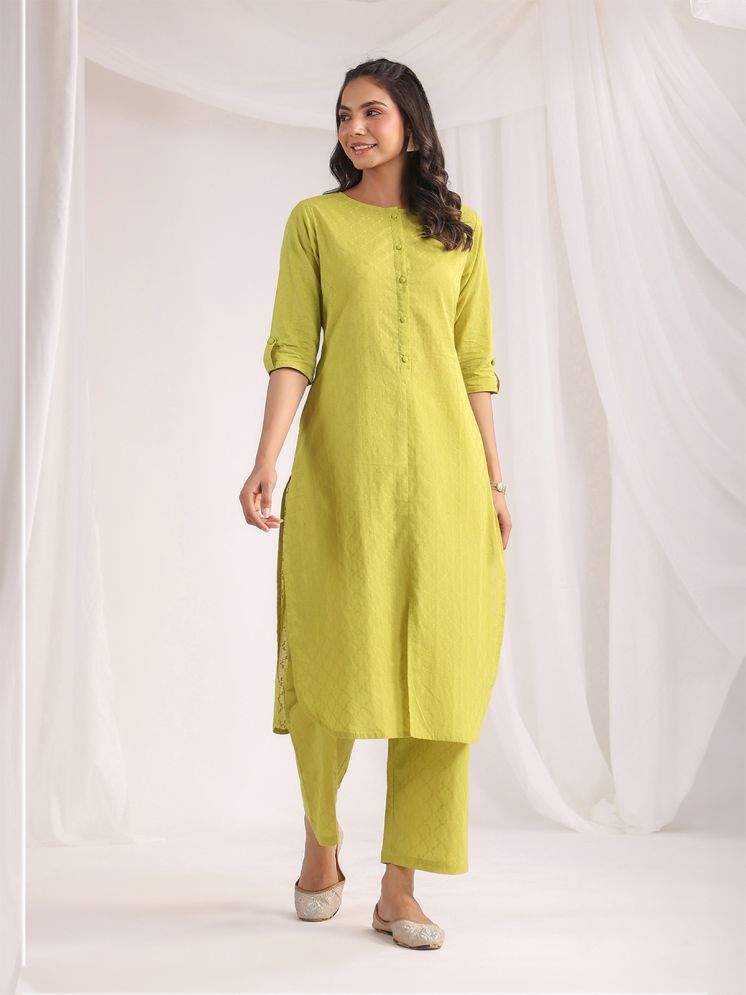     			Janasya Cotton Self Design Kurti With Pants Women's Stitched Salwar Suit - Lime Green ( Pack of 1 )