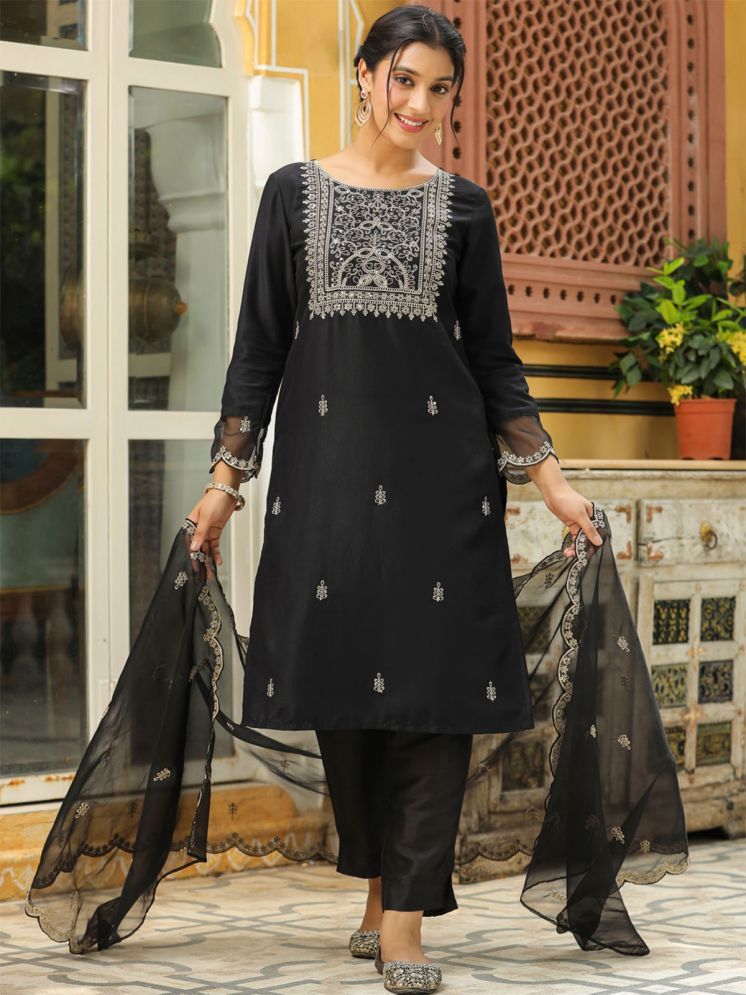     			Janasya Silk Blend Embroidered Kurti With Pants Women's Stitched Salwar Suit - Black ( Pack of 1 )