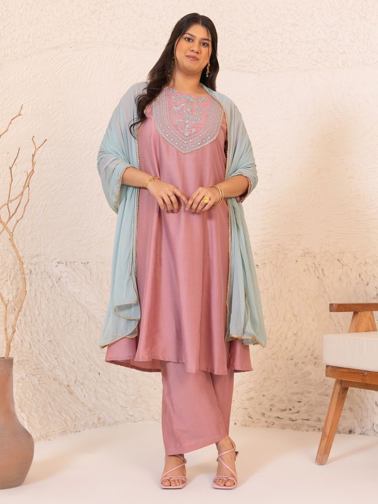     			Janasya Silk Blend Embroidered Kurti With Palazzo Women's Stitched Salwar Suit - Pink ( Pack of 1 )