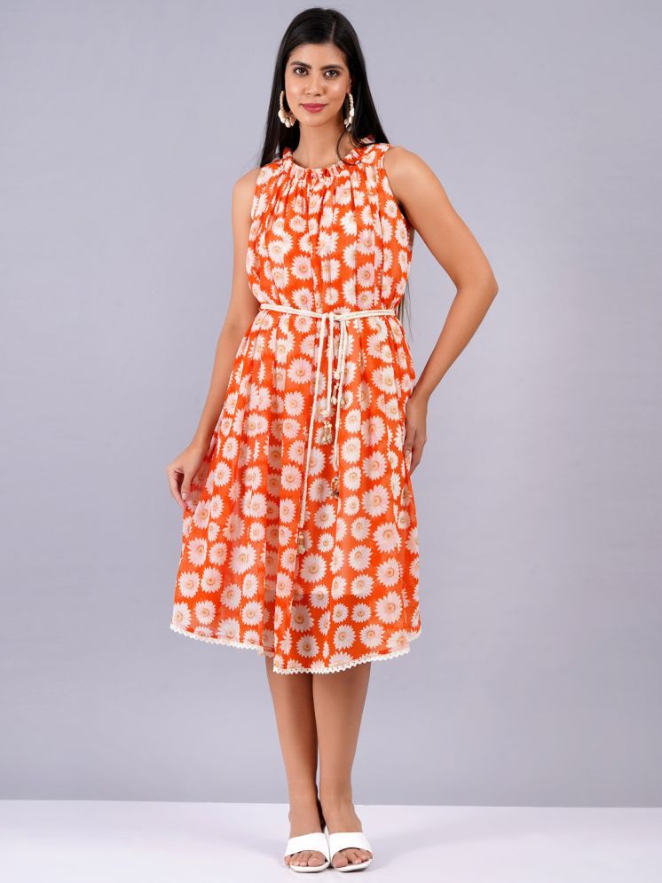     			Jyoti Georgette Printed Midi Women's Fit & Flare Dress - Orange ( Pack of 1 )