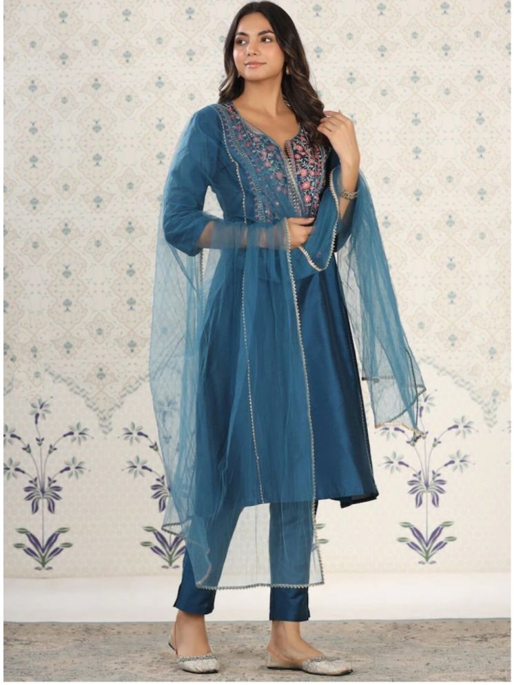     			SAREEKART FAB Chanderi Embroidered Kurti With Pants Women's Stitched Salwar Suit - Blue ( Pack of 1 )