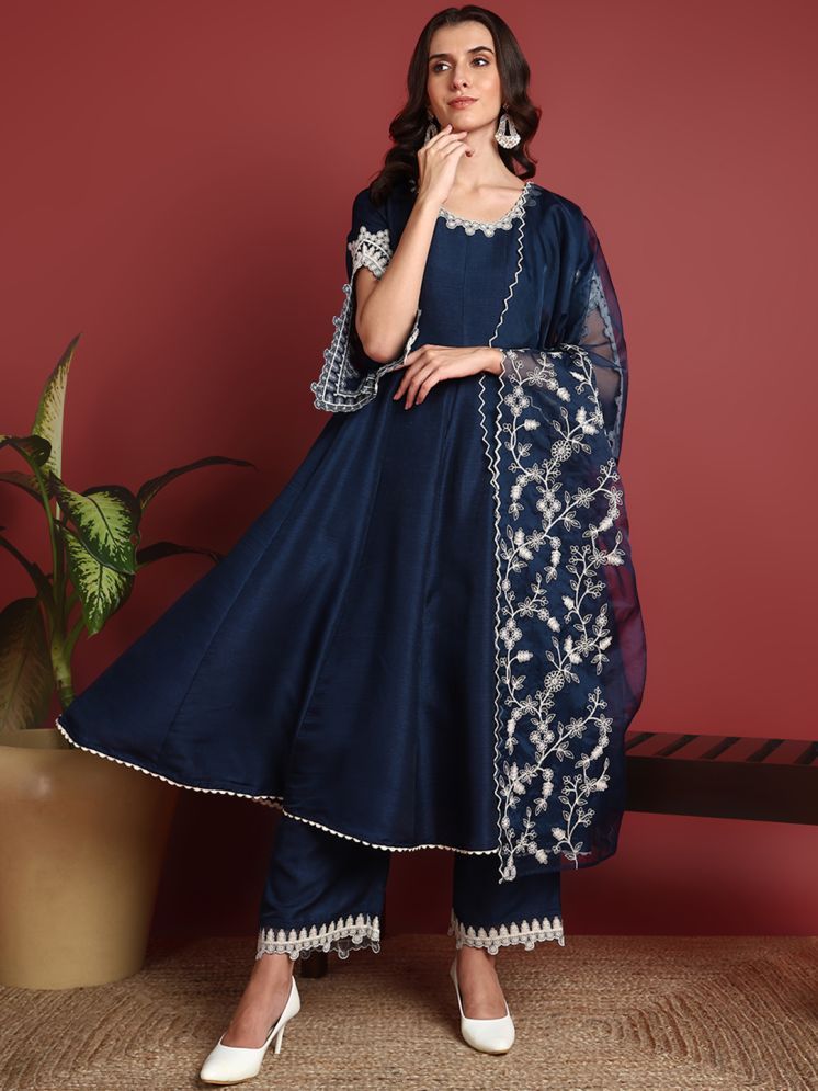     			Vaamsi Silk Blend Embroidered Kurti With Palazzo Women's Stitched Salwar Suit - Blue ( Pack of 1 )