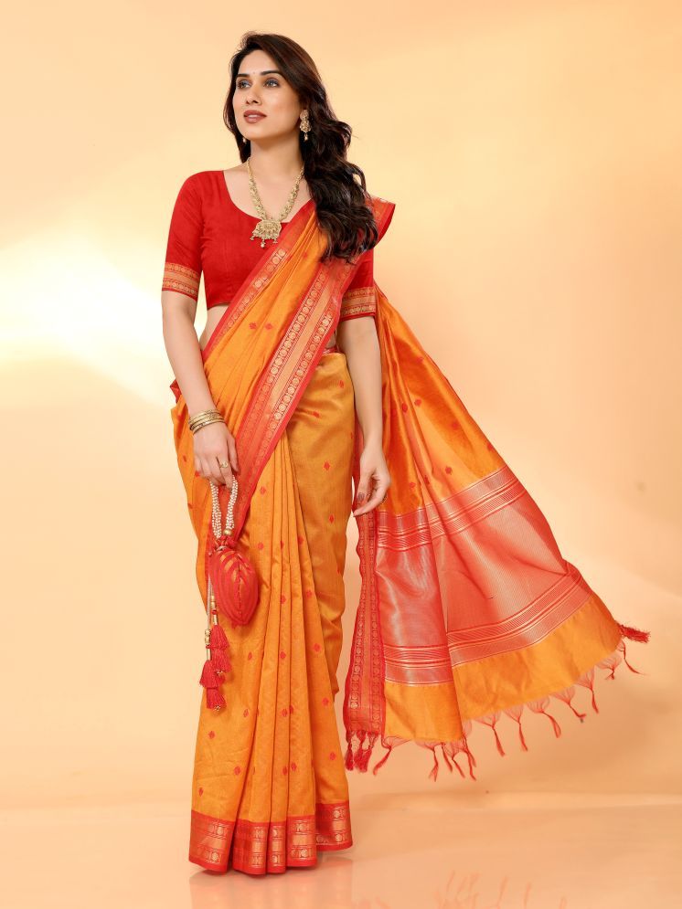     			Sidhidata Pack of 1 Cotton Silk Self Design Saree With Blouse Piece ( Orange )