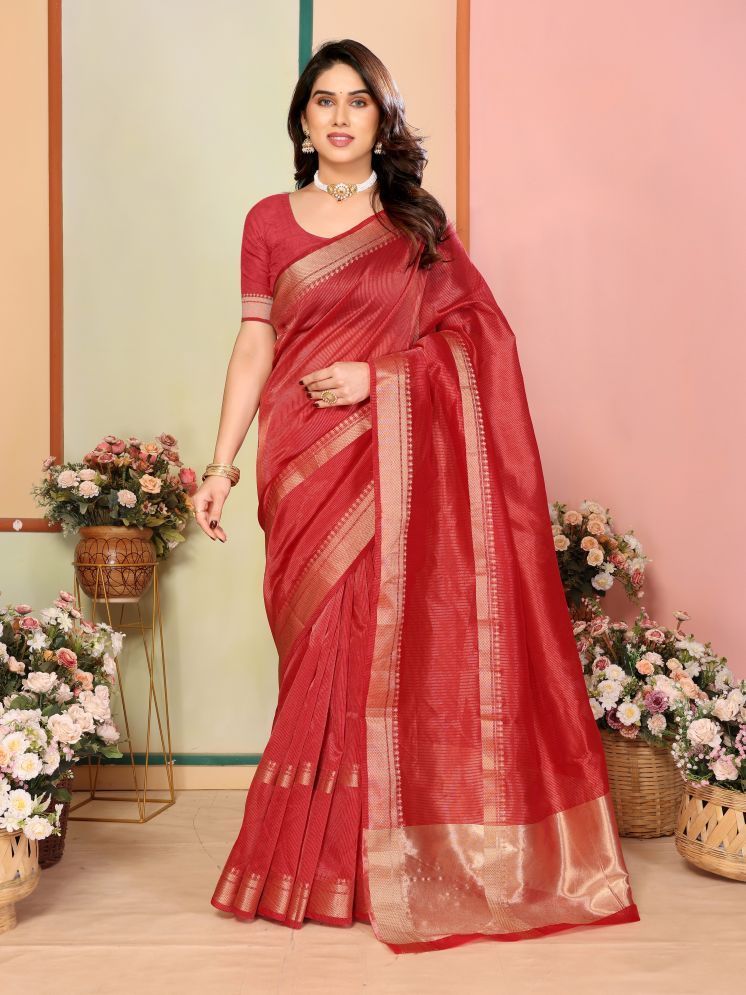     			Sidhidata Pack of 1 Silk Blend Striped Saree With Blouse Piece ( Red )