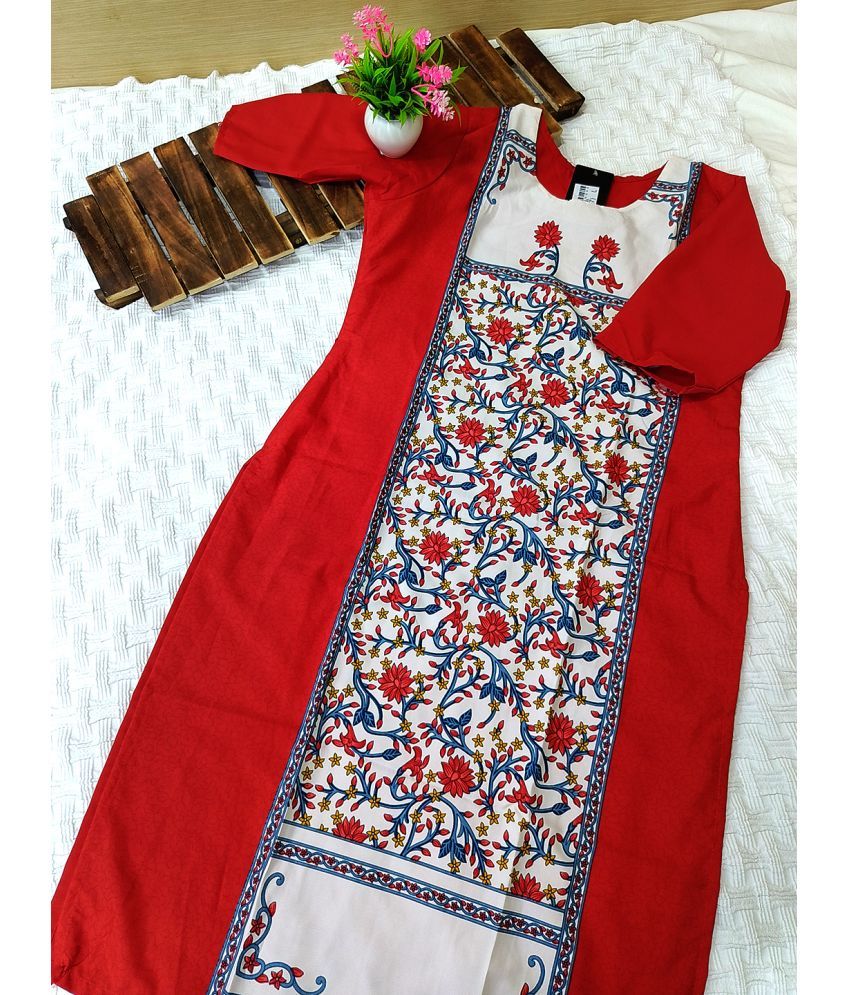     			Ethnicbasket Pack of 1 Crepe Printed Straight Women's Kurti - ( Red )