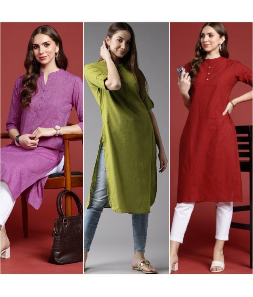     			VINHSCAPE Pack of 3 Cotton Embroidered A-line Women's Kurti - ( Multicolor )