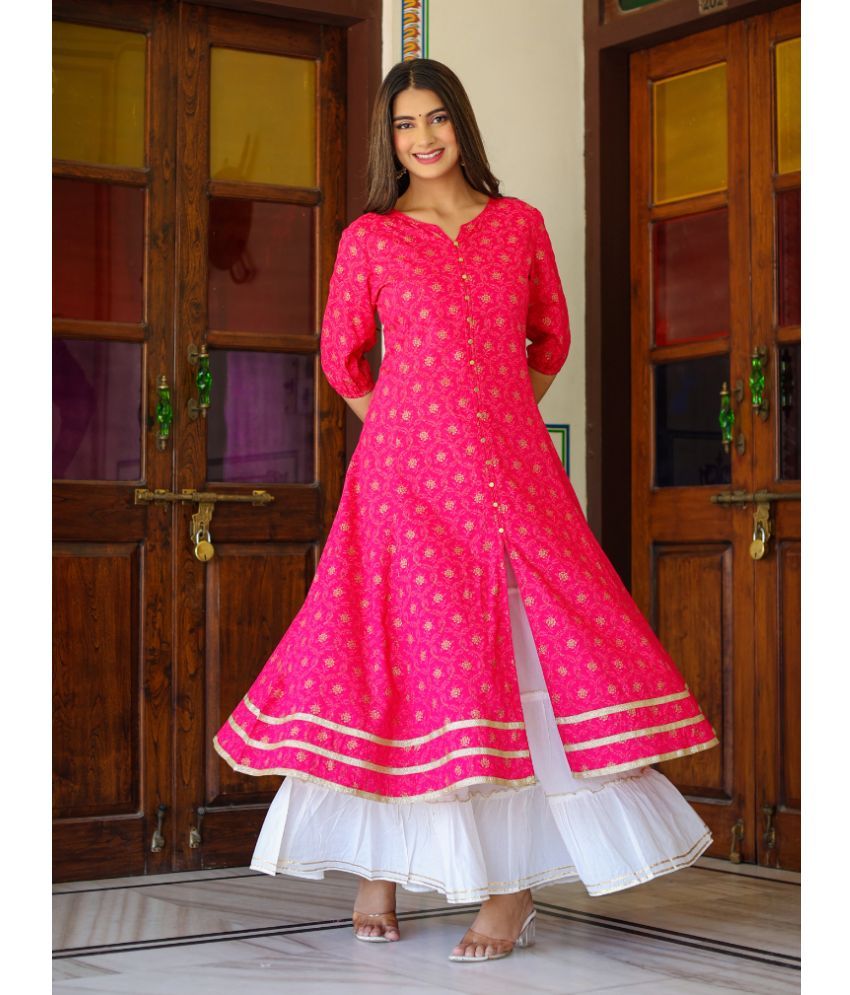     			Yash Gallery Pack of 1 Rayon Printed Anarkali Women's Kurti - ( Pink )