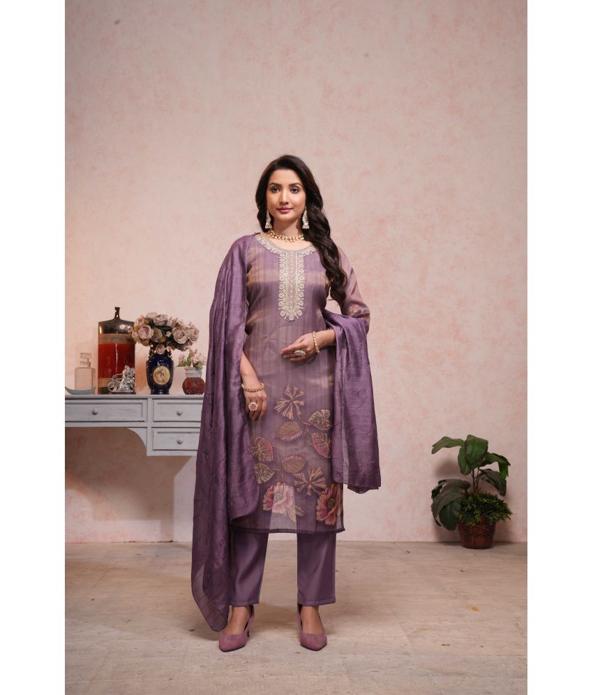     			ONIXINO Silk Blend Embroidered Kurti With Pants Women's Stitched Salwar Suit - Purple ( Pack of 1 )