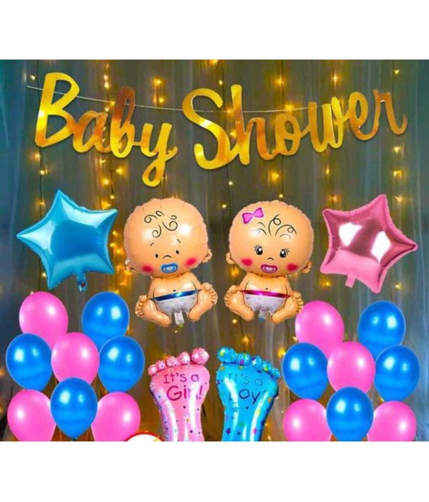     			Partybooms Baby Shower Cursive Gold, 1 Baby Boy & 1 Baby Girl Foil, 15 Blue & 15 Pink Metalic Balloons Pack Of 33