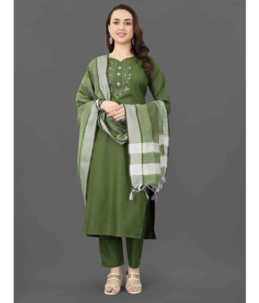     			Rameshwaram creative Cotton Blend Embroidered Kurti With Pants Women's Stitched Salwar Suit - Green ( Pack of 1 )