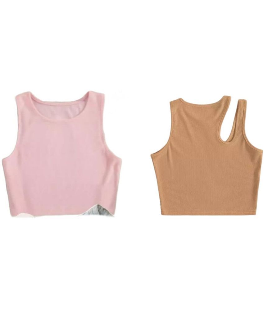     			holdvalley Beige Cotton Blend Women's Crop Top ( Pack of 2 )