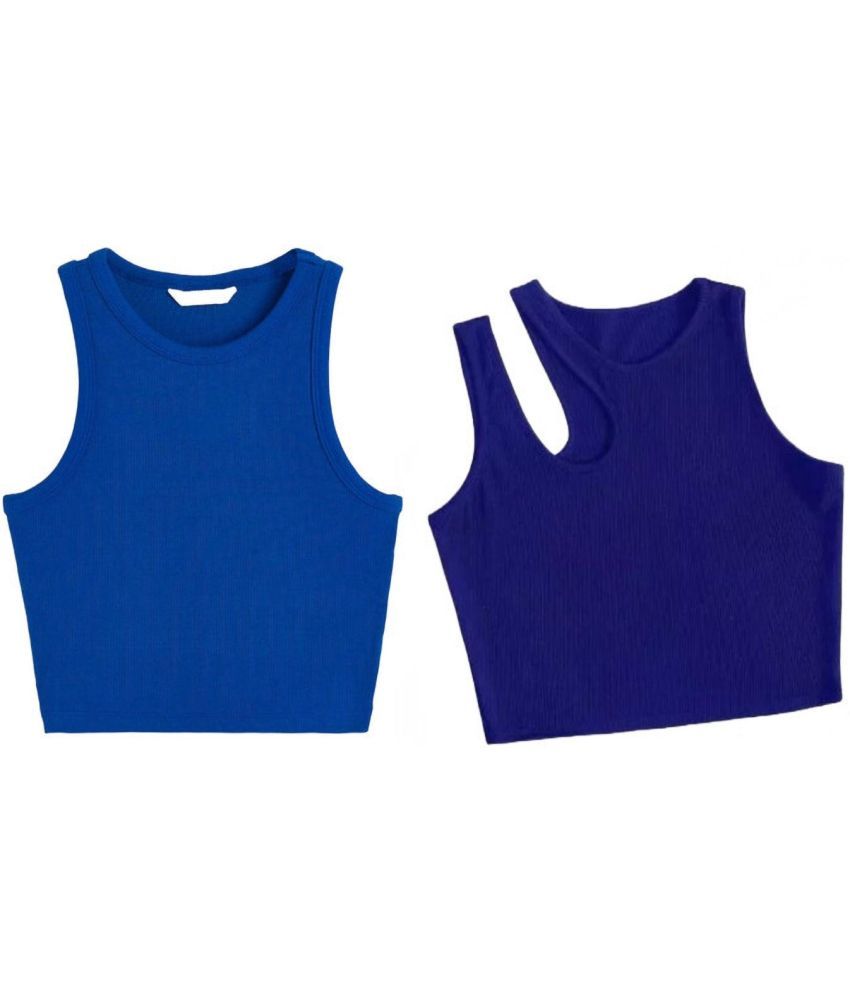     			holdvalley Blue Cotton Blend Women's Crop Top ( Pack of 2 )