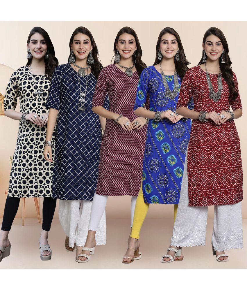     			1 Stop Fashion Pack of 5 Crepe Printed Straight Women's Kurti - ( Multicolor2 )