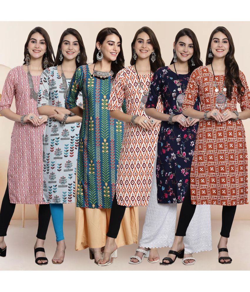     			1 Stop Fashion Pack of 6 Crepe Printed Straight Women's Kurti - ( Multicolor1 )