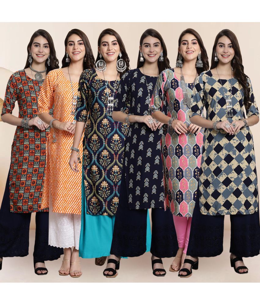     			1 Stop Fashion Pack of 6 Crepe Printed Straight Women's Kurti - ( Multicolor1 )