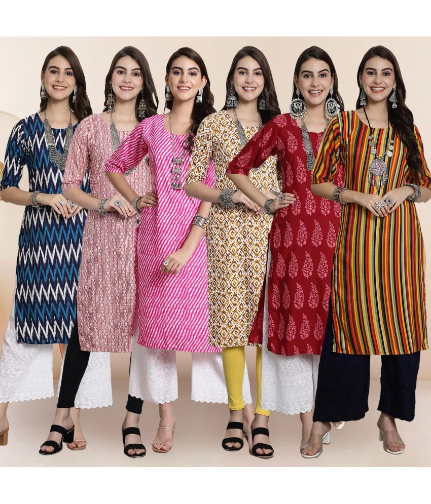     			1 Stop Fashion Pack of 6 Crepe Printed Straight Women's Kurti - ( Multicolor2 )