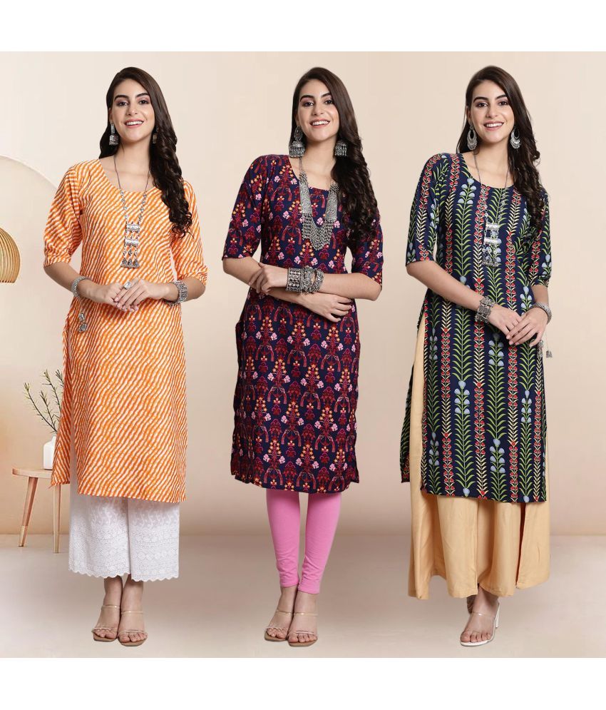     			1 Stop Fashion Pack of 3 Crepe Printed Straight Women's Kurti - ( Multicolor1 )