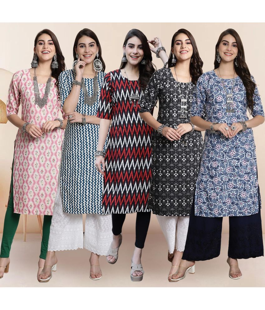     			Ethnicbasket Pack of 5 Crepe Printed Straight Women's Kurti - ( Multicolor4 )