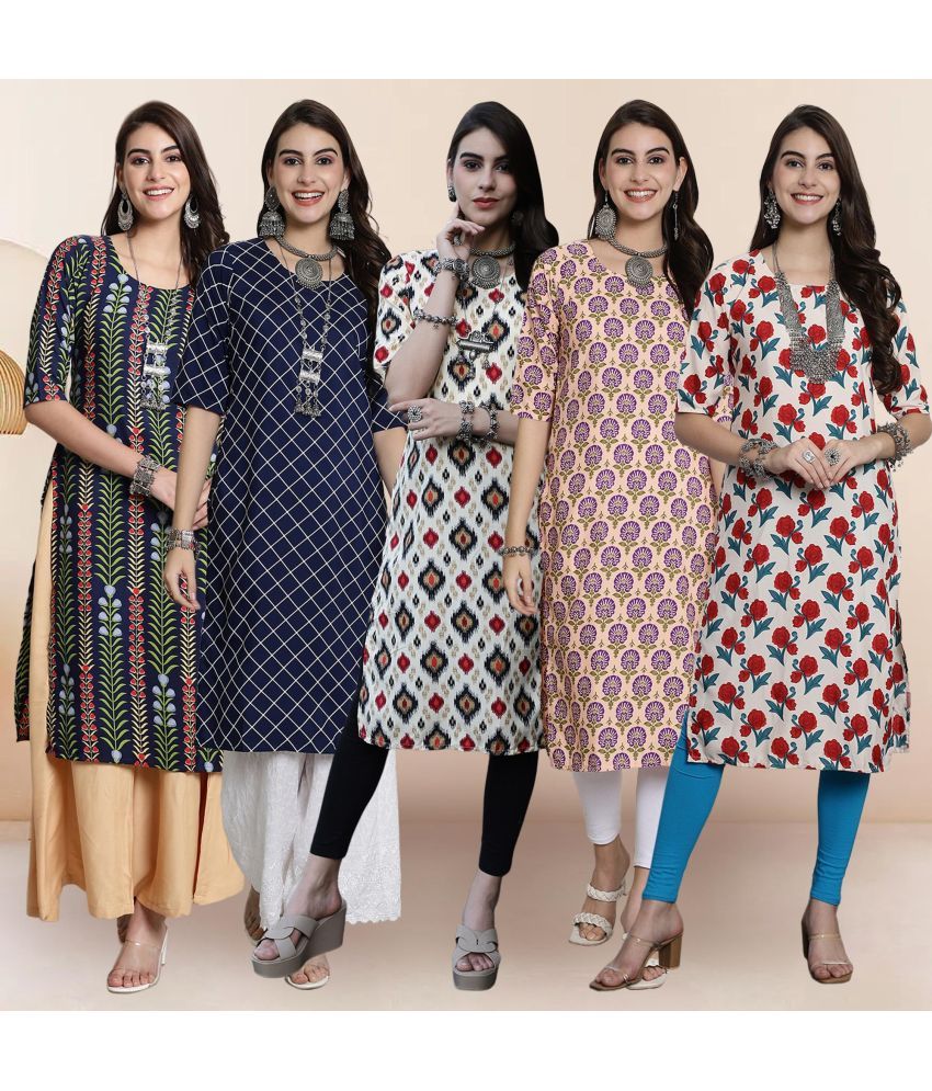     			Ethnicbasket Pack of 5 Crepe Printed Straight Women's Kurti - ( Multicolor1 )