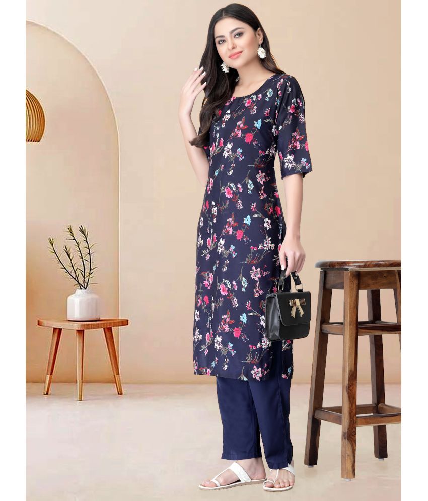     			Ethnicbasket Pack of 1 Crepe Printed Straight Women's Kurti - ( Navy )