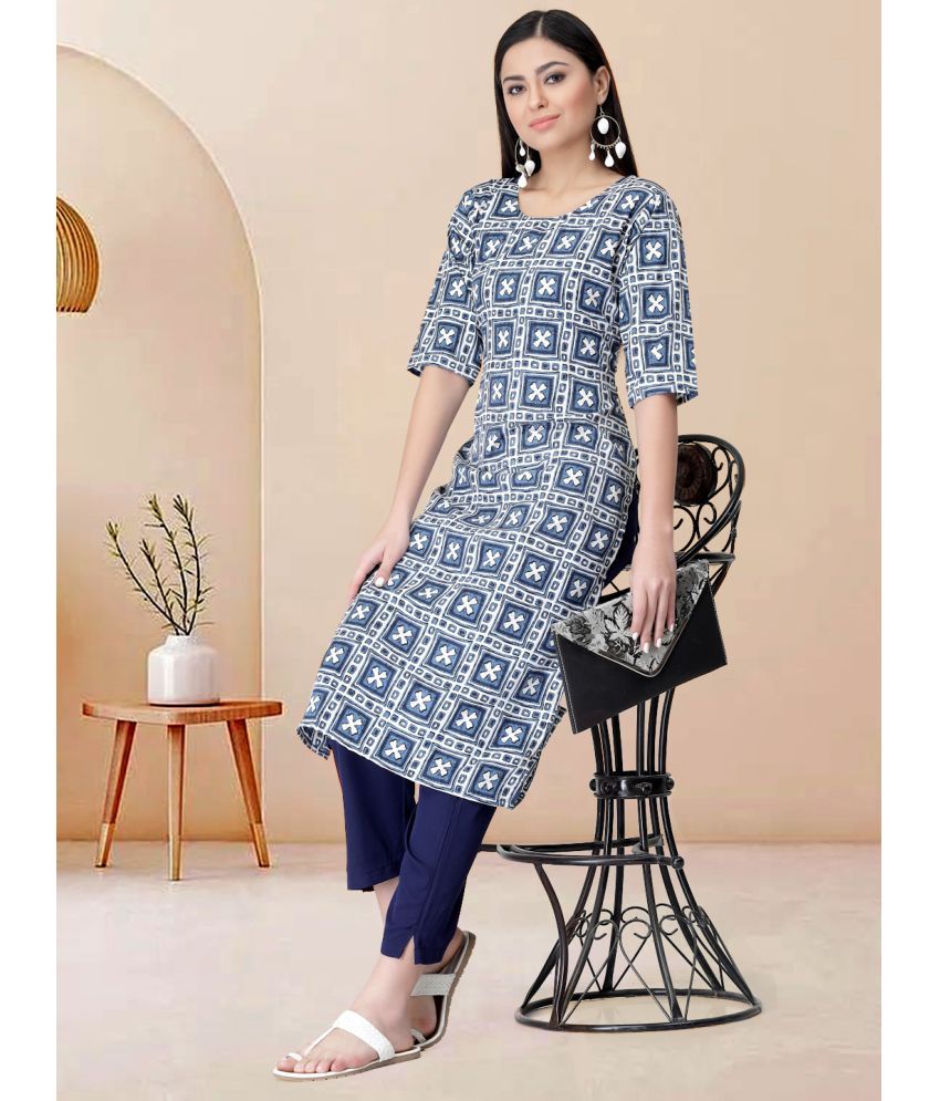     			Ethnicbasket Pack of 1 Crepe Printed Straight Women's Kurti - ( Navy Blue )