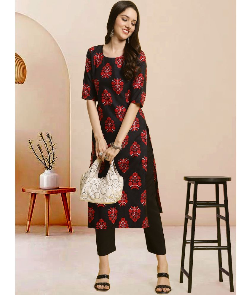     			Ethnicbasket Pack of 1 Crepe Printed Straight Women's Kurti - ( Black )