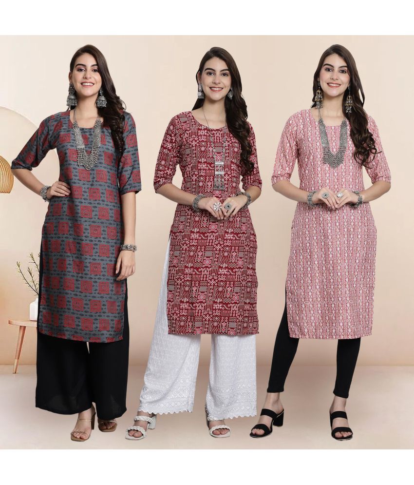     			Ethnicbasket Pack of 3 Crepe Printed Straight Women's Kurti - ( Multicolor1 )