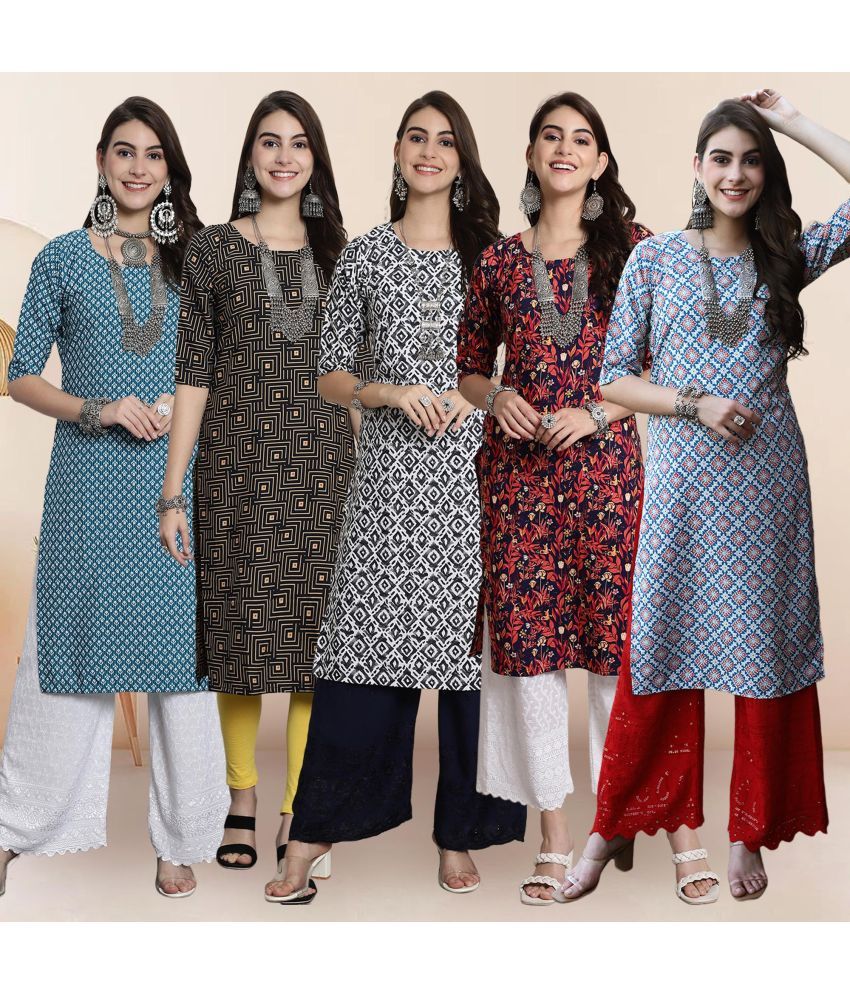     			Ethnicbasket Pack of 5 Crepe Printed Straight Women's Kurti - ( Multicolor2 )