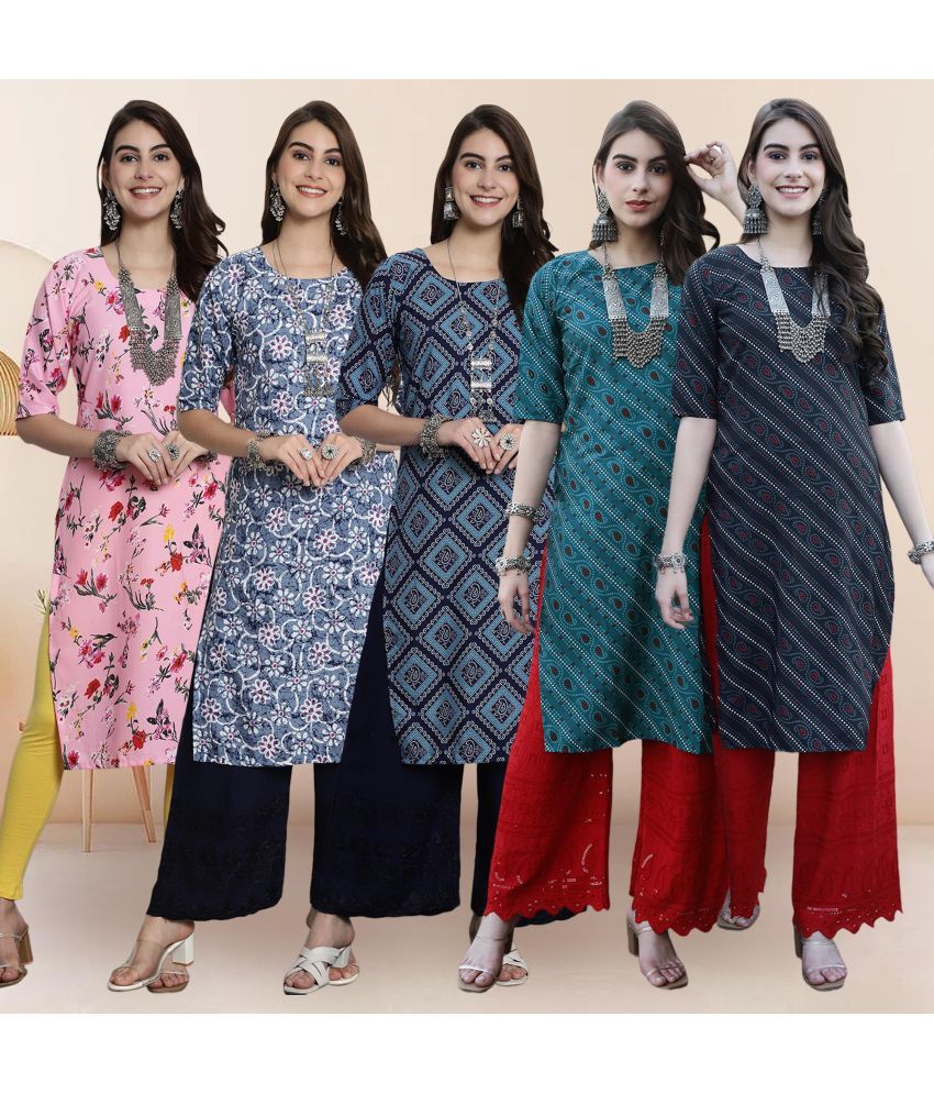     			Ethnicbasket Pack of 5 Crepe Printed Straight Women's Kurti - ( Multicolor1 )