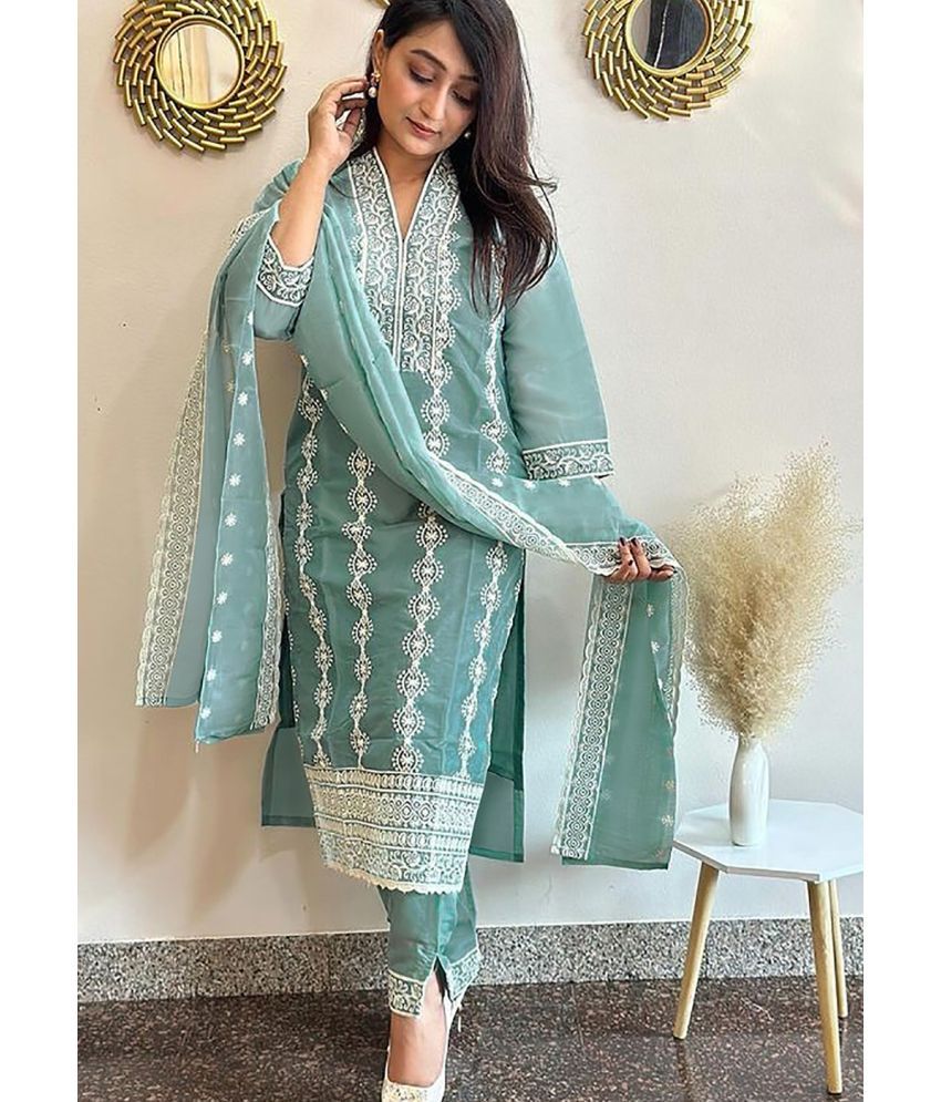     			Trijal Fab Silk Blend Embroidered Kurti With Pants Women's Stitched Salwar Suit - Light Blue ( Pack of 1 )