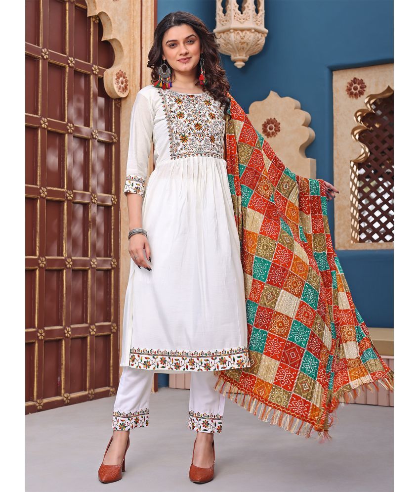     			kedar fab Cotton Silk Embroidered Kurti With Pants Women's Stitched Salwar Suit - White ( Pack of 1 )