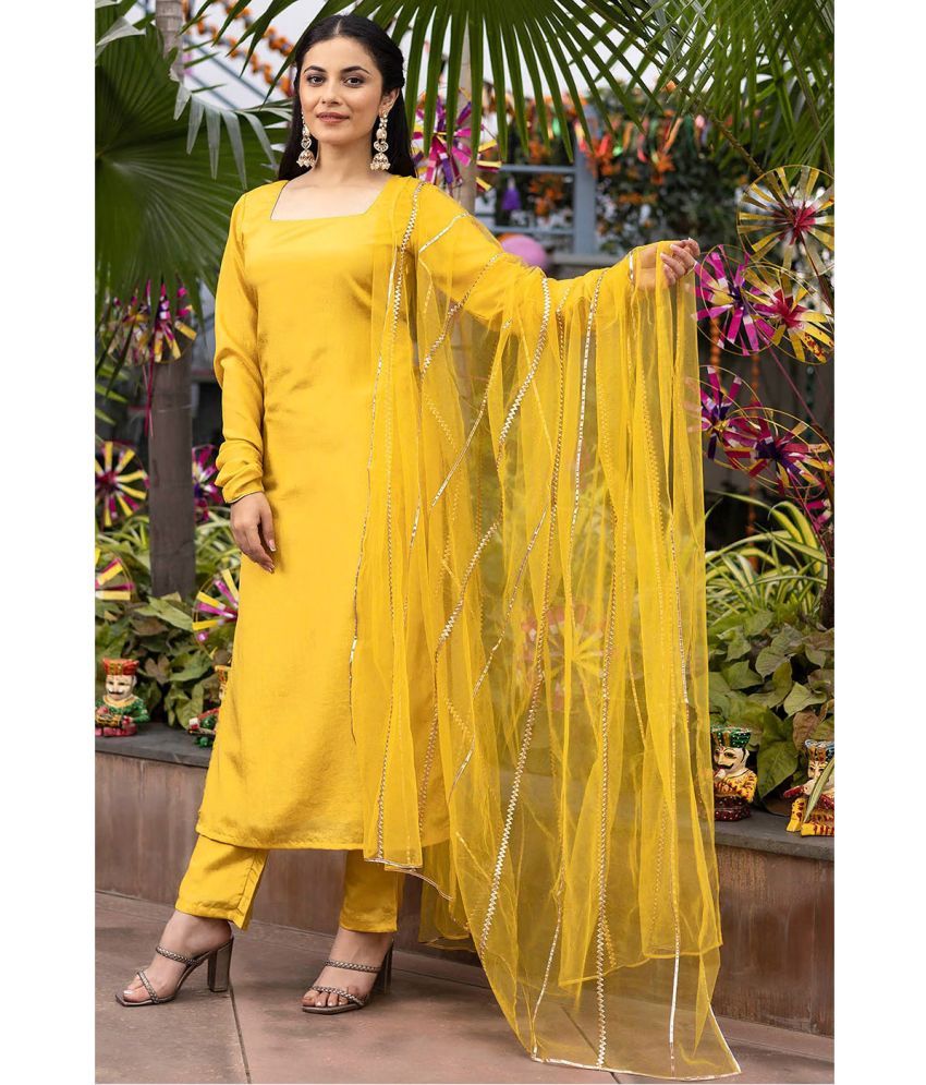     			kedar fab Cotton Silk Solid Kurti With Pants Women's Stitched Salwar Suit - Yellow ( Pack of 1 )