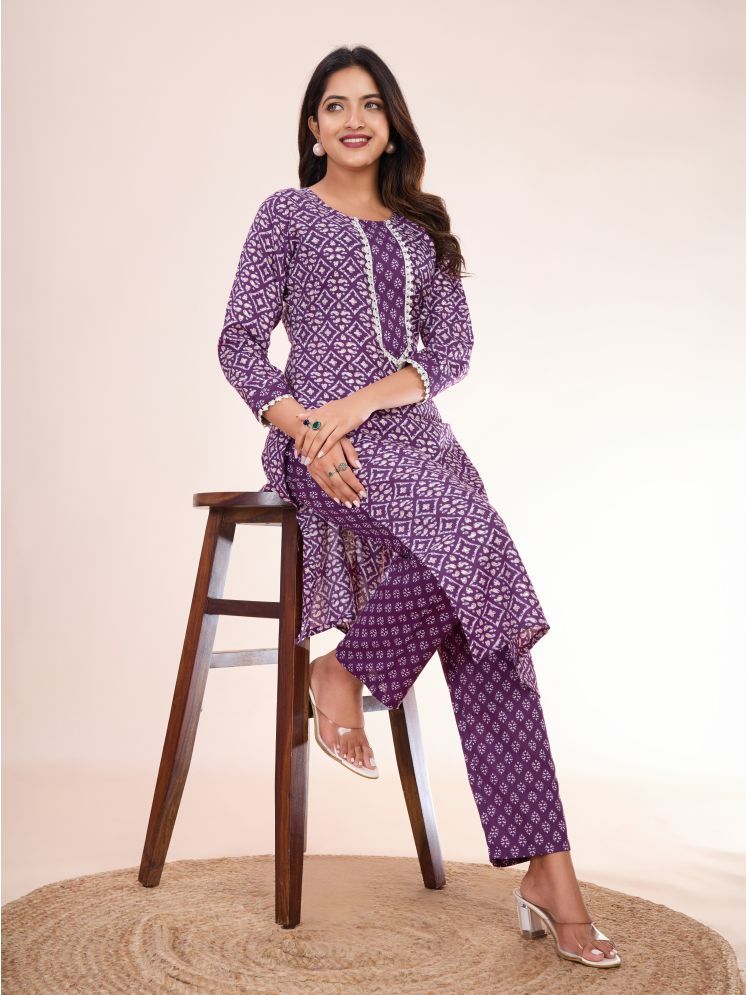     			Women Basket Cotton Blend Printed Kurti With Pants Women's Stitched Salwar Suit - Purple ( Pack of 1 )