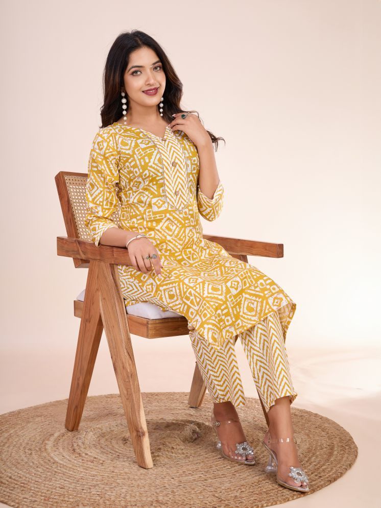     			Women Basket Cotton Blend Printed Kurti With Pants Women's Stitched Salwar Suit - Yellow ( Pack of 1 )