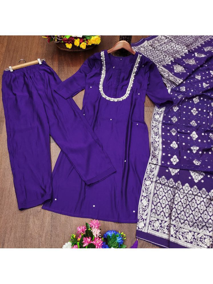     			BOUGHT FIRST Silk Blend Embellished Kurti With Pants Women's Stitched Salwar Suit - Purple ( Pack of 1 )