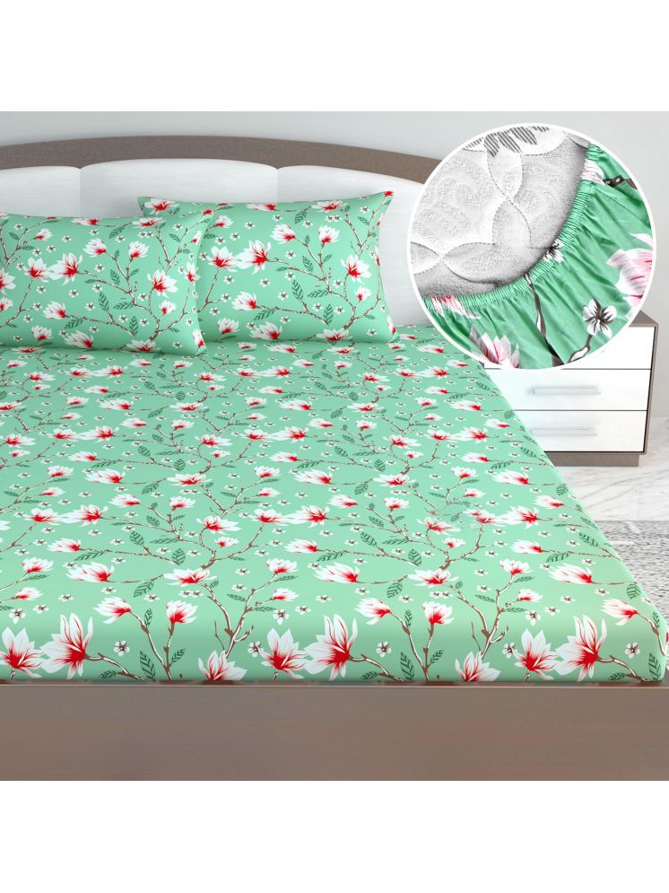     			DIVINE CASA Cotton Floral Fitted Fitted bedsheet with 2 Pillow Covers ( Double Bed ) - Green