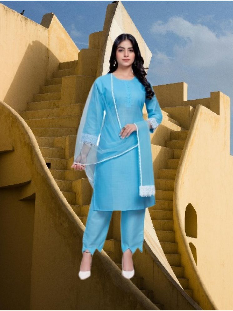     			M Enterprise Cotton Self Design Kurti With Pants Women's Stitched Salwar Suit - Light Blue ( Pack of 1 )