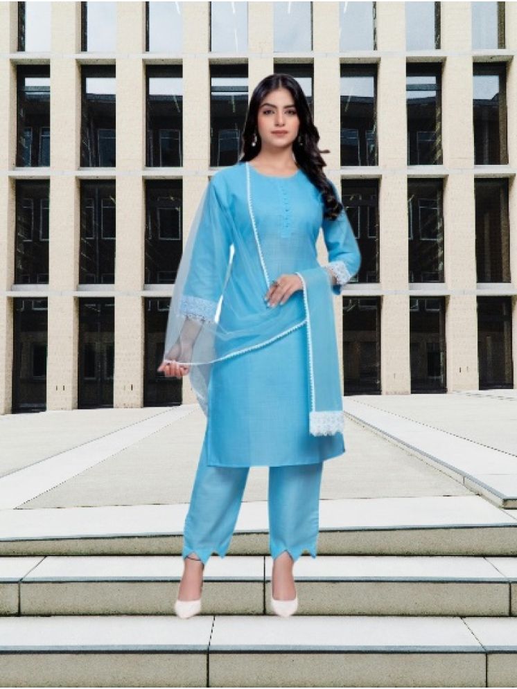     			M Enterprise Cotton Self Design Kurti With Pants Women's Stitched Salwar Suit - Light Blue ( Pack of 1 )