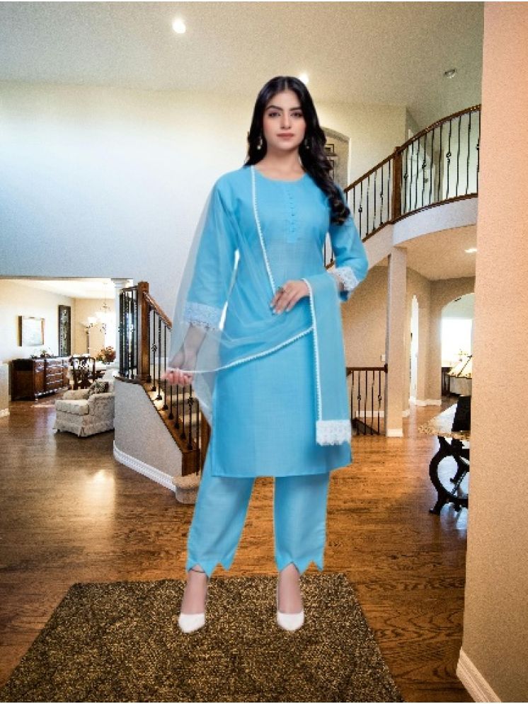     			M Enterprise Cotton Self Design Kurti With Pants Women's Stitched Salwar Suit - Light Blue ( Pack of 1 )