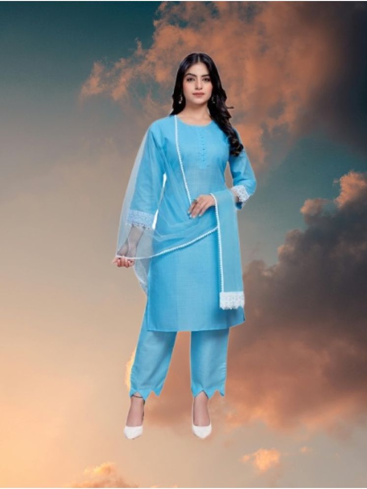     			M Enterprise Cotton Self Design Kurti With Pants Women's Stitched Salwar Suit - Light Blue ( Pack of 1 )