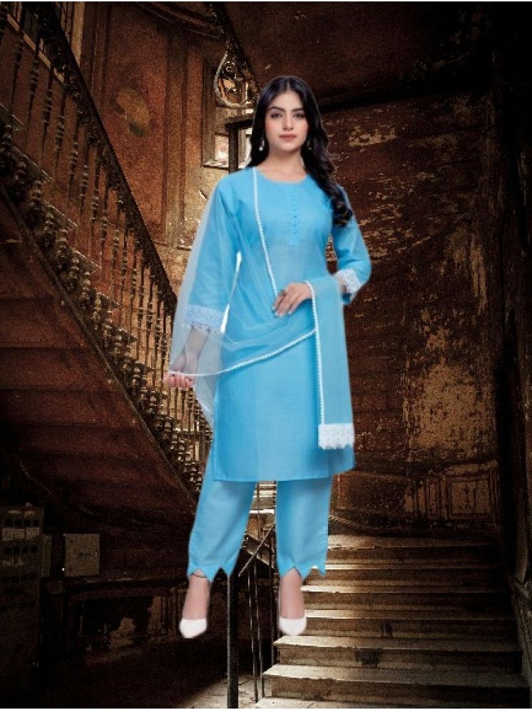     			M Enterprise Cotton Self Design Kurti With Pants Women's Stitched Salwar Suit - Light Blue ( Pack of 1 )