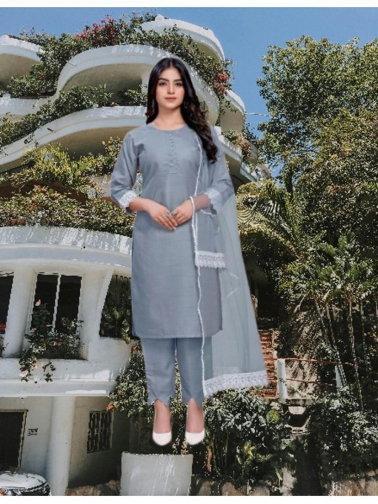     			M Enterprise Cotton Self Design Kurti With Pants Women's Stitched Salwar Suit - Light Grey ( Pack of 1 )