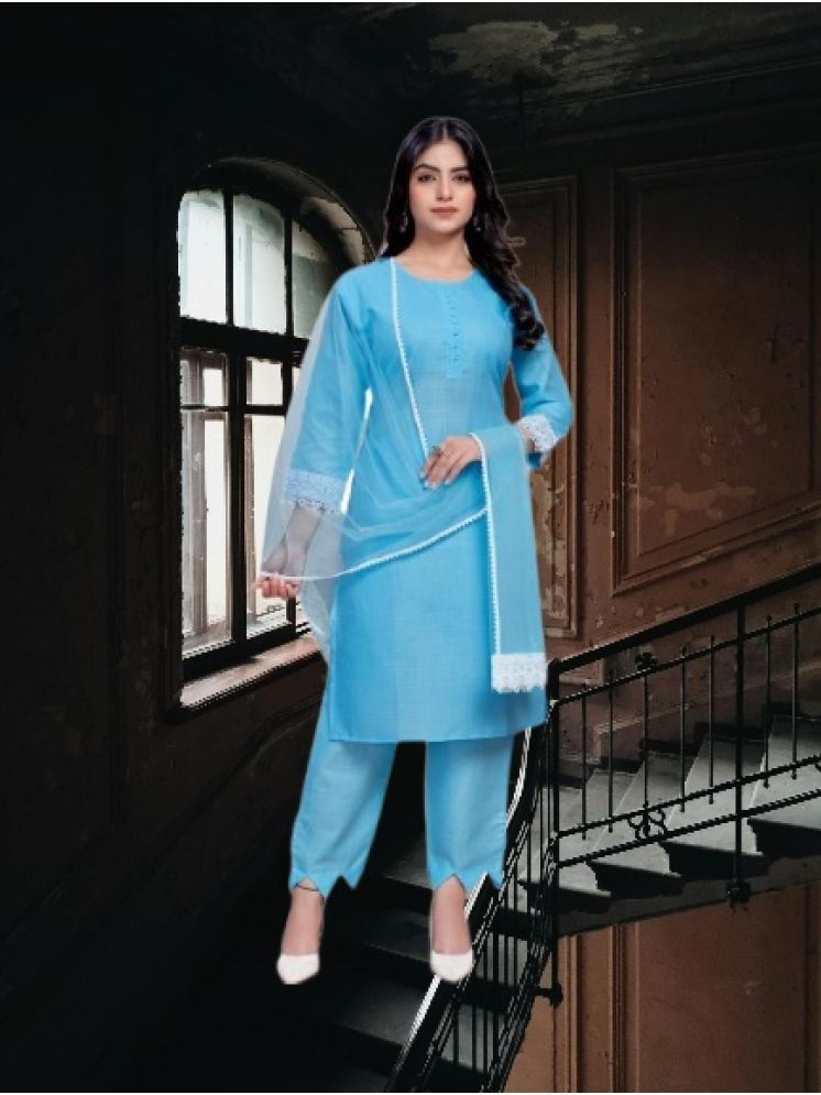     			M Enterprise Cotton Self Design Kurti With Pants Women's Stitched Salwar Suit - Light Blue ( Pack of 1 )