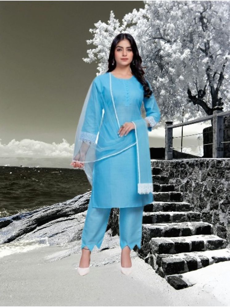     			M Enterprise Cotton Self Design Kurti With Pants Women's Stitched Salwar Suit - Light Blue ( Pack of 1 )