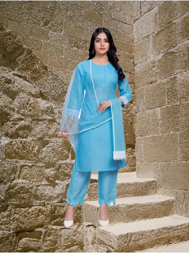     			M Enterprise Cotton Self Design Kurti With Pants Women's Stitched Salwar Suit - Light Blue ( Pack of 1 )